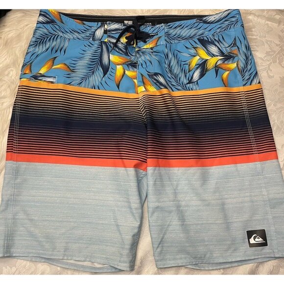 Quicksilver Men’s Size 38 Blue Orange Hawaiian‎ Floral Striped Board Shorts Swim - Picture 1 of 11